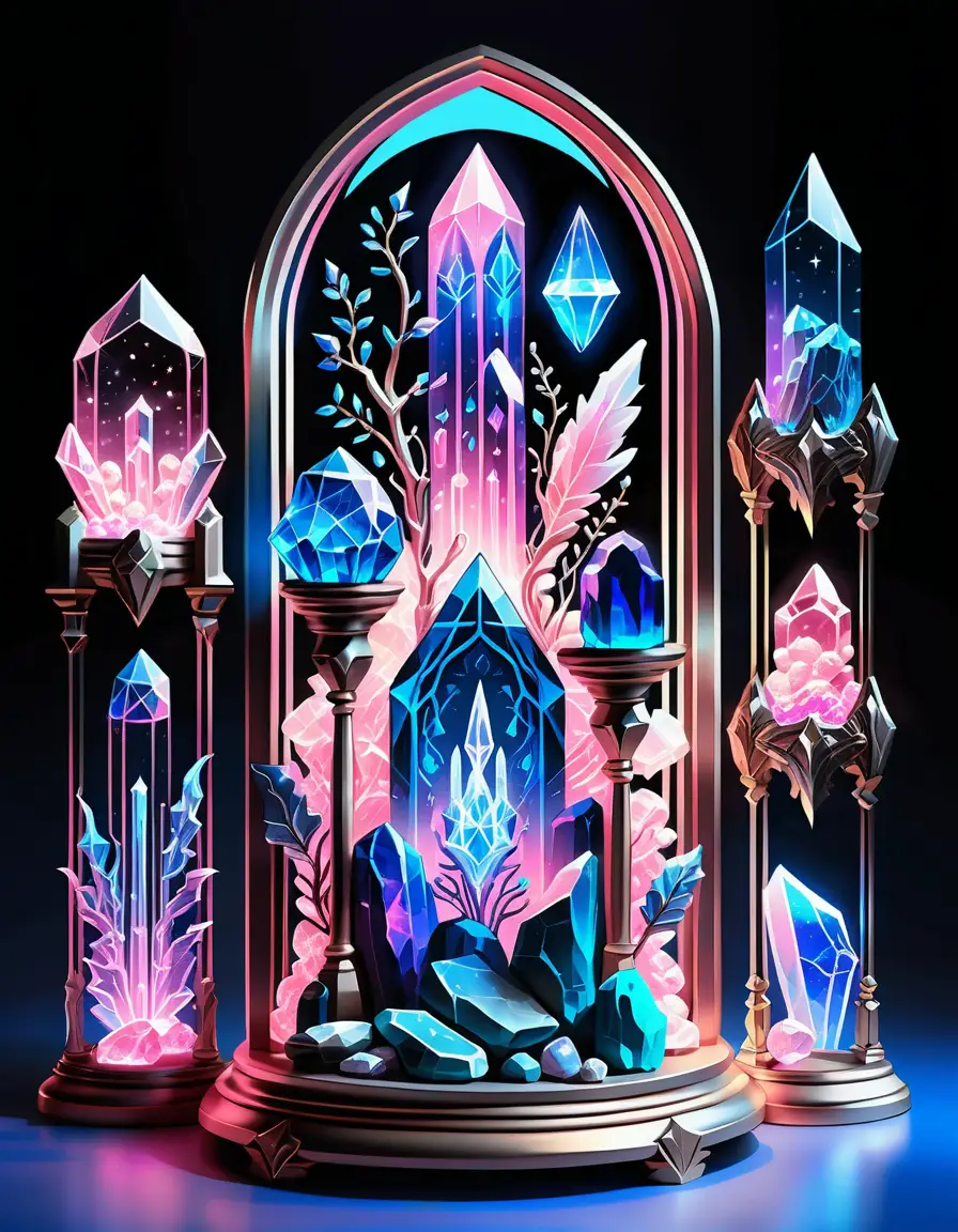Reliques de cristal néon dans une vitrine en verre ornée en line art