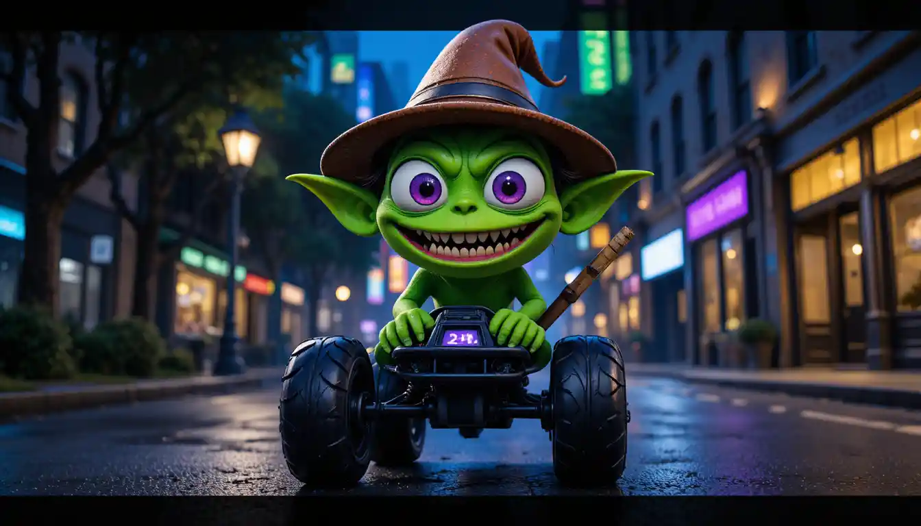 Cartoon green monster riding a small vehicle at night