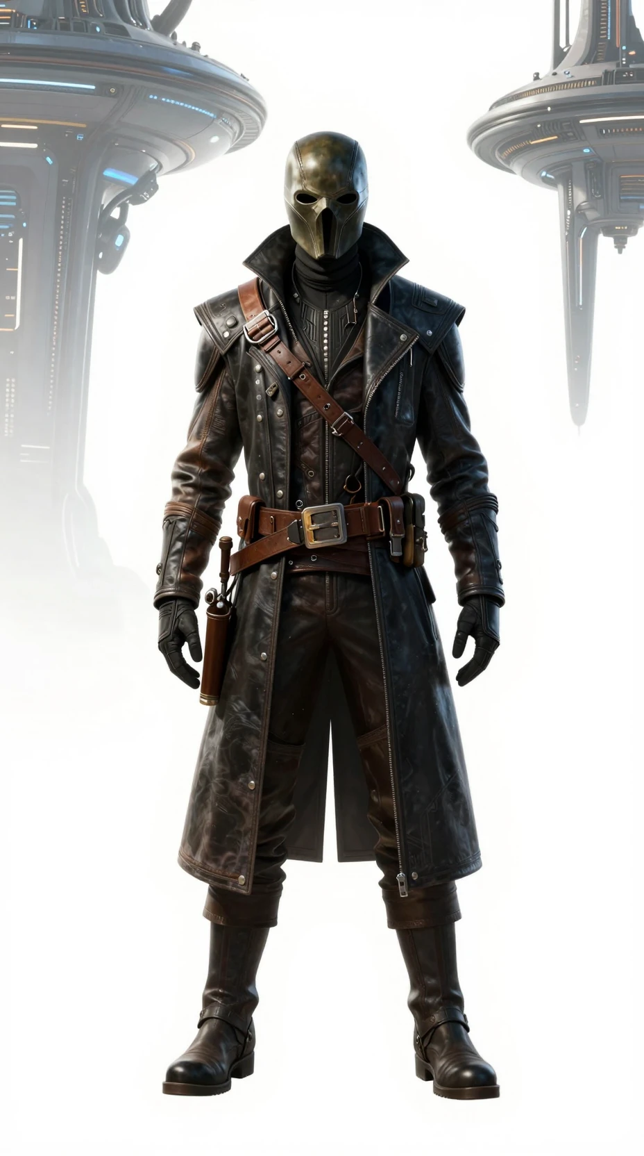 Futuristic masked warlord standing against white background