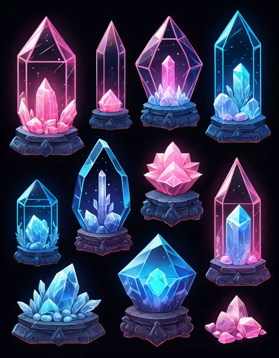 Crystal relics displayed in neon pink and blue line art