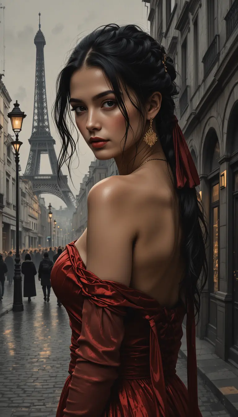 Mulher em vestido vermelho em rua parisiense sombria à noite