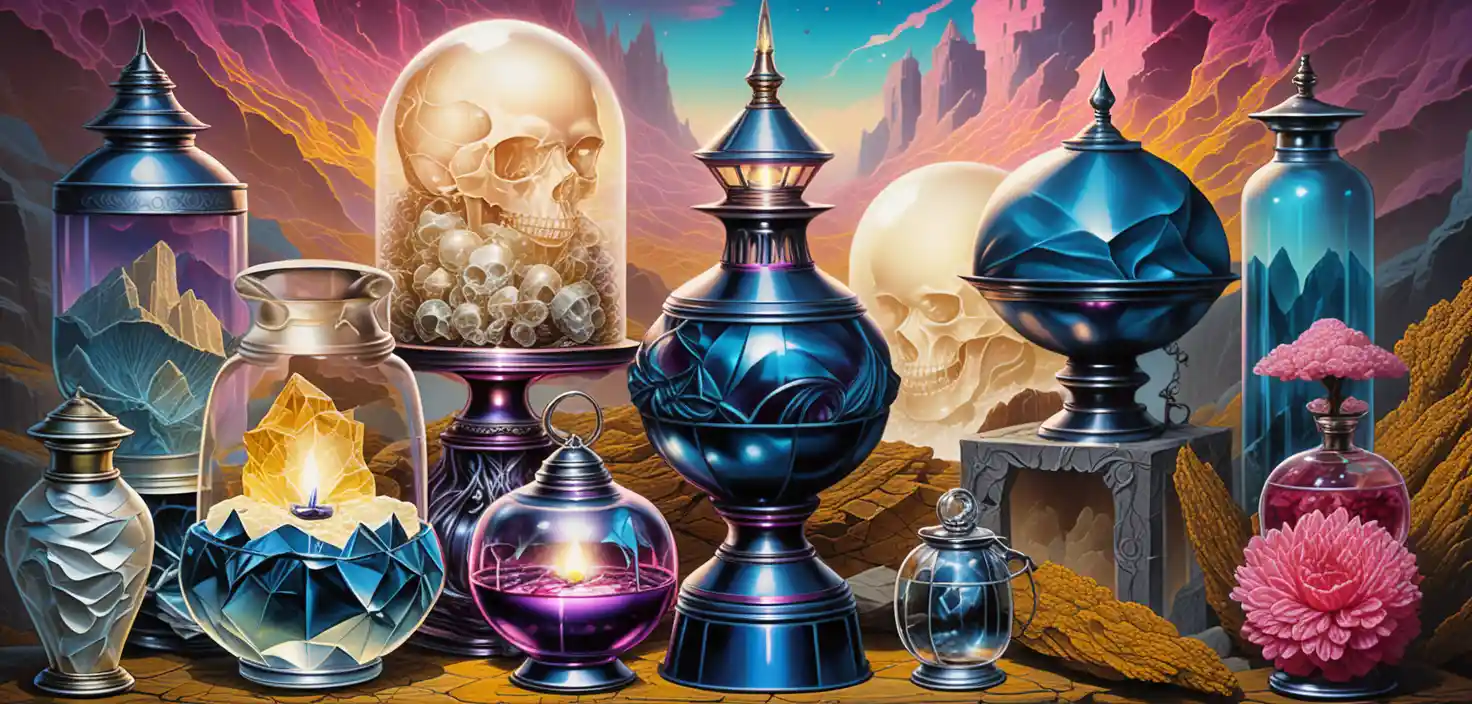 Fantasy crystal clusters on a lavish apothecary tabletop