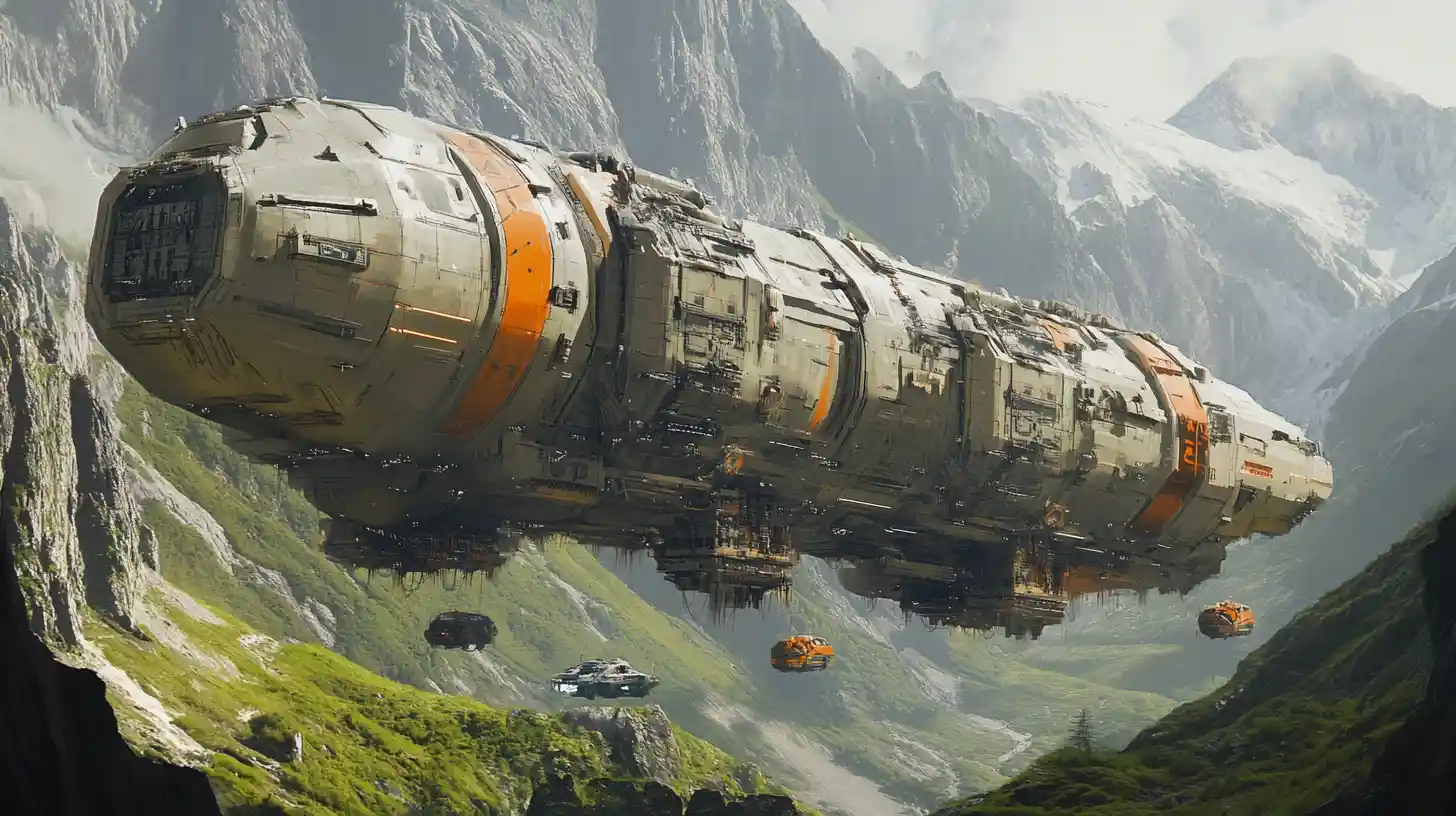 Gigantic cargo starship landed in a lush mountain valley
