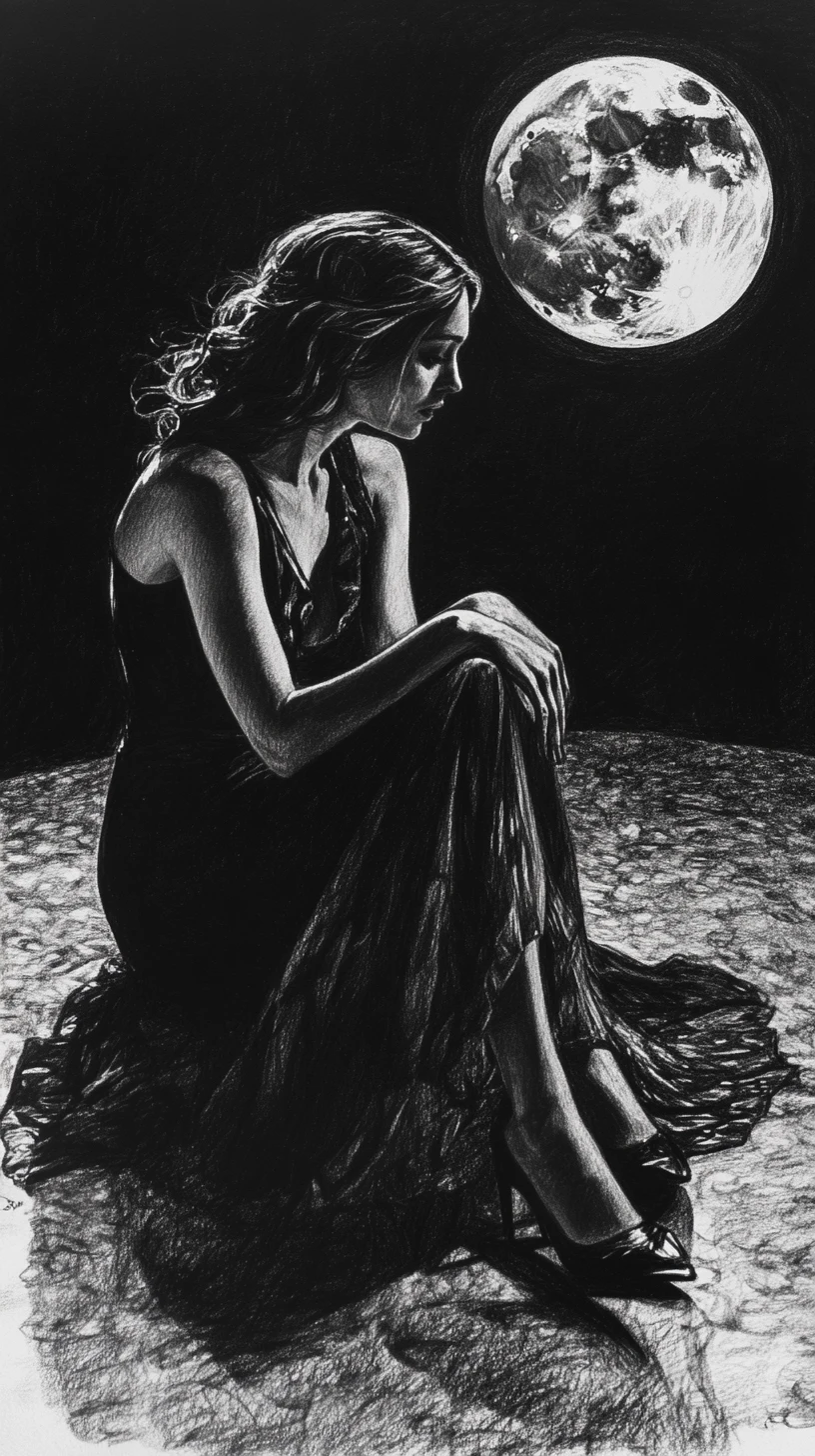Graphite drawing of a crouching woman in a short dress