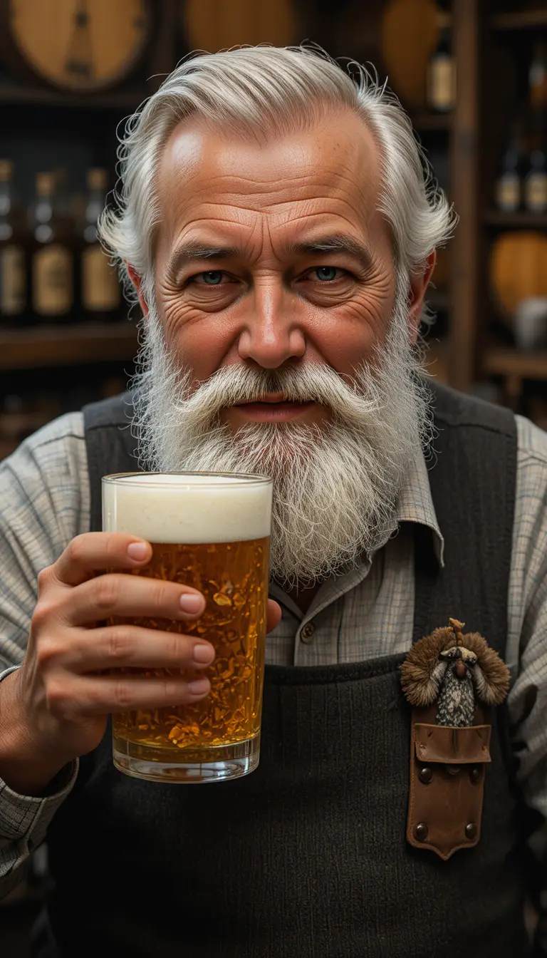 Old Bavarian brewer holding beer in a traditional brewery
