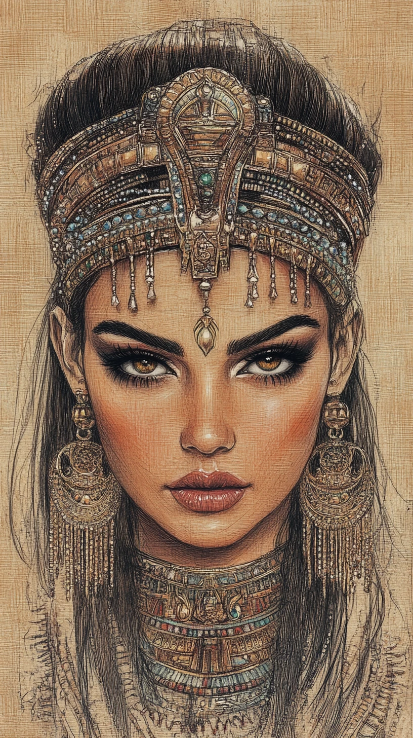 Regal colored pencil portrait of an ancient Egyptian queen