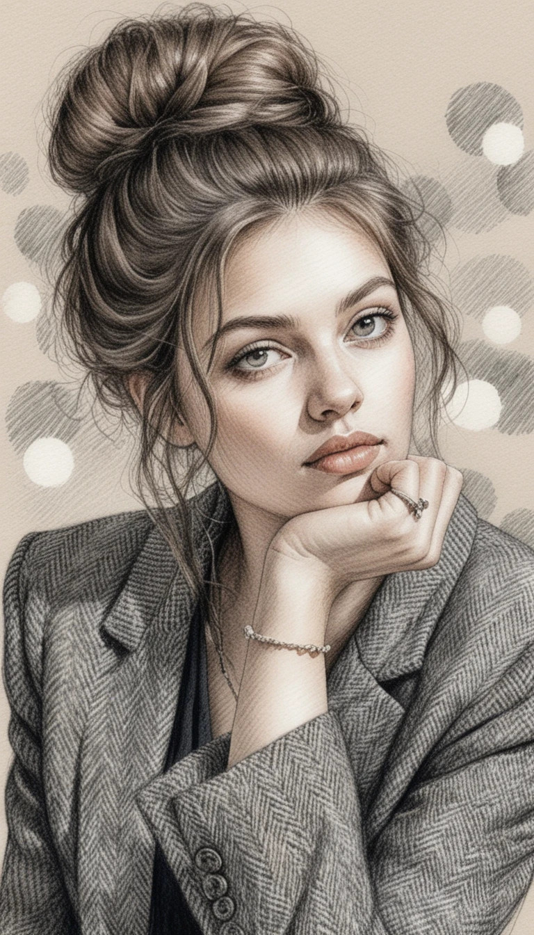 Ink portrait of a pensive young woman with messy bun