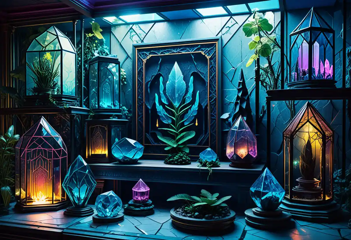 Crystal relic displayed in neon pink and blue line art