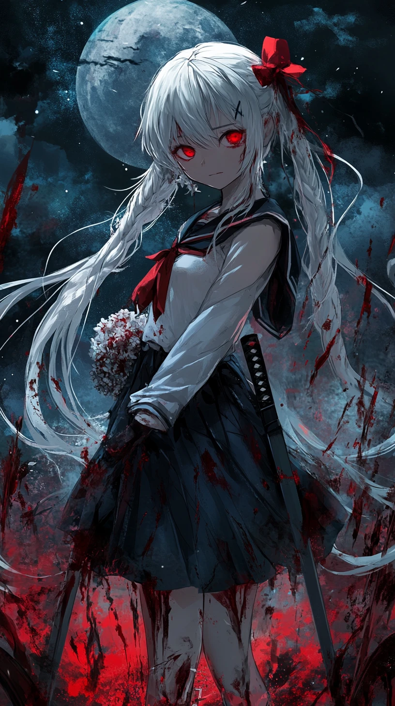 Anime girl in greasy clothes with long white braided hair