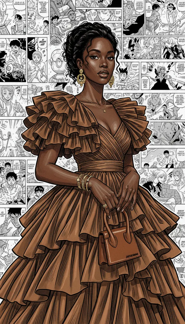 Portrait manga d’une femme noire élégante en robe marron