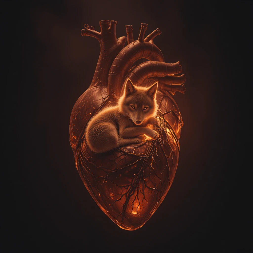 Sleeping wolf glowing inside a human heart silhouette