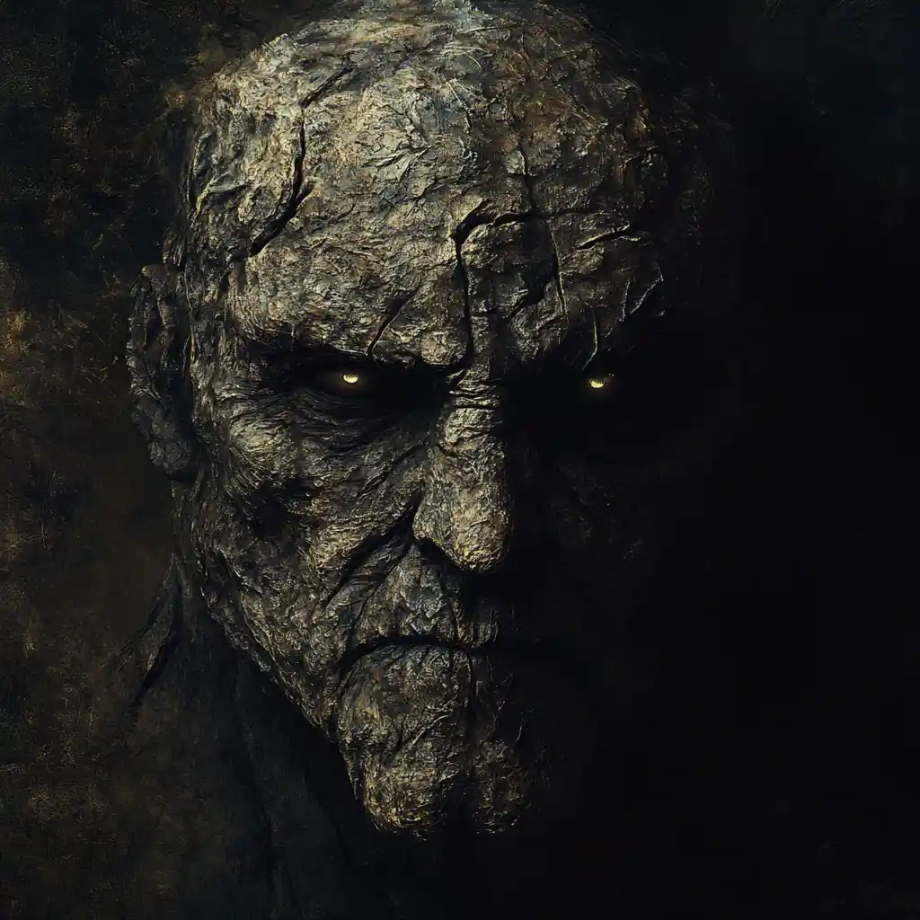 黑暗大地色調中擁有空洞眼神的表現主義魔像