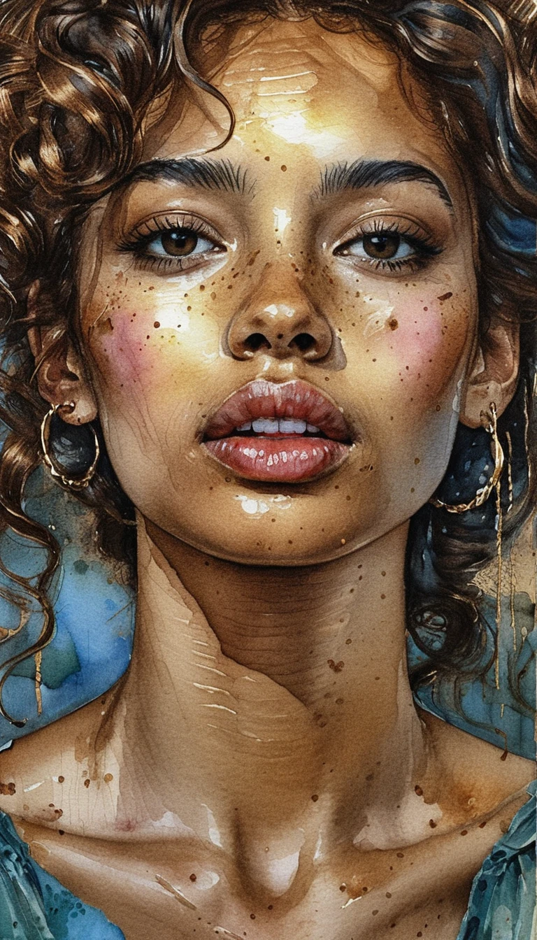 Freckled girl portrait drawing with turquoise blue background