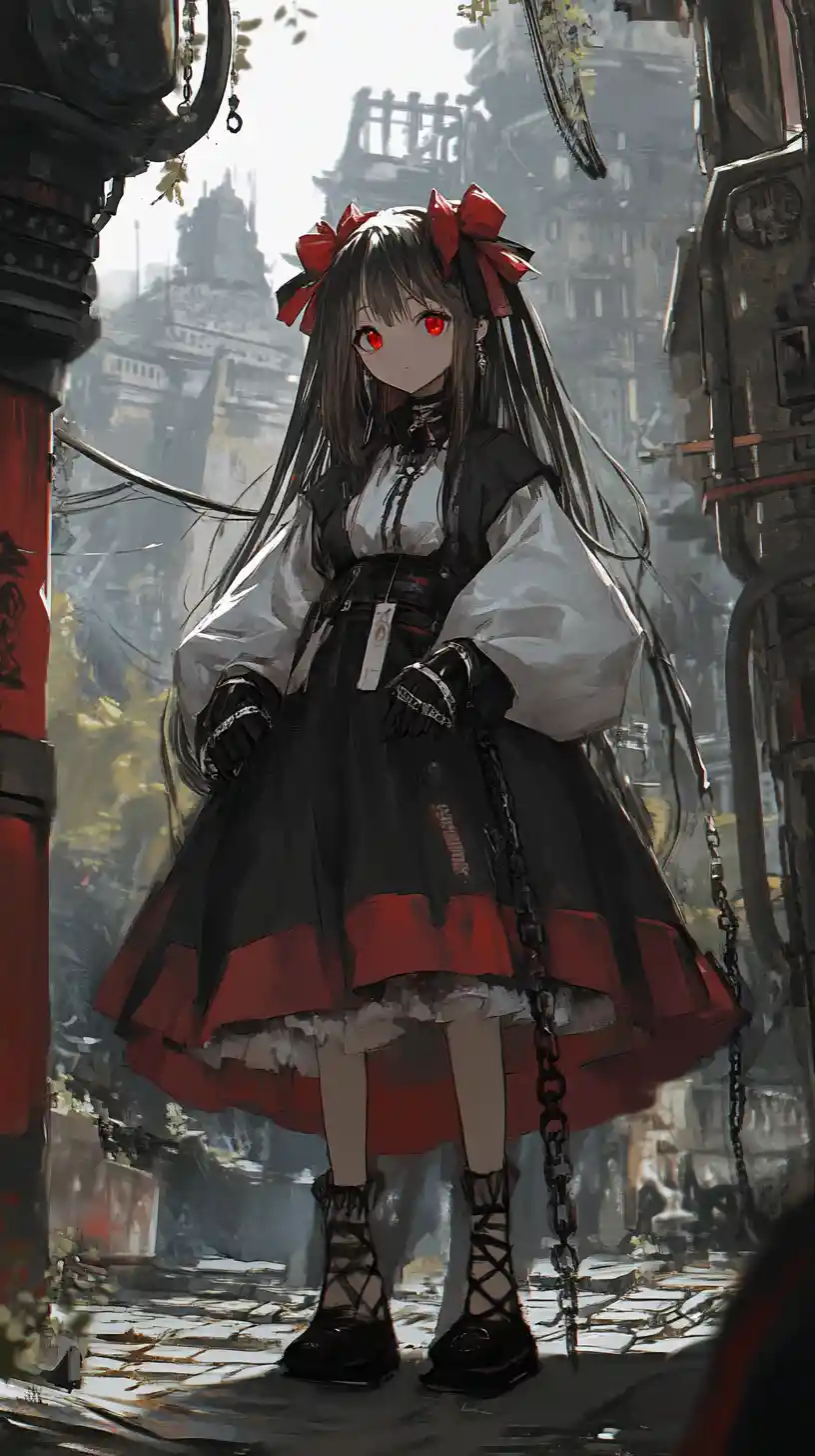 Ragazza anime con fiocco rosso, catene e outfit scuro