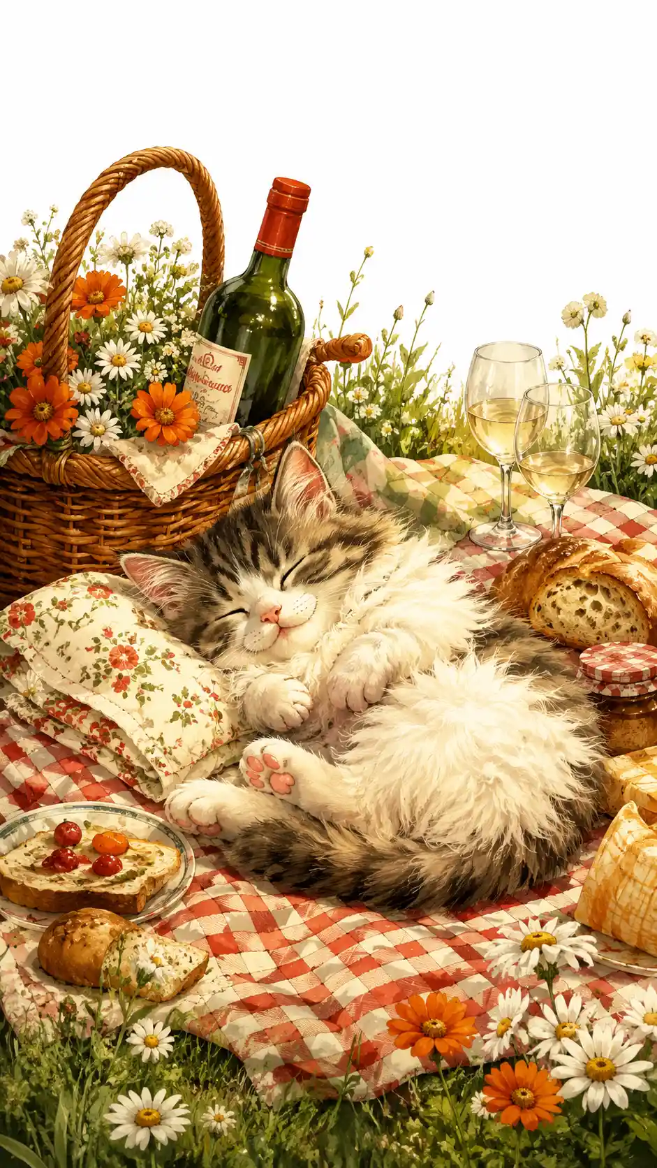 ふわふわな猫が夏のピクニックテーブルでお昼寝