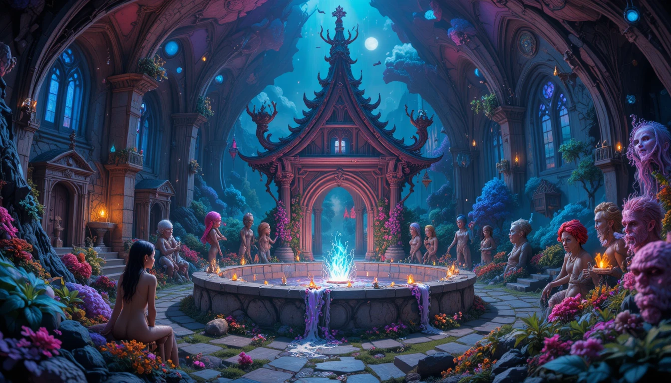 Scena fantasy pop-surreal giocosa con tipografia audace