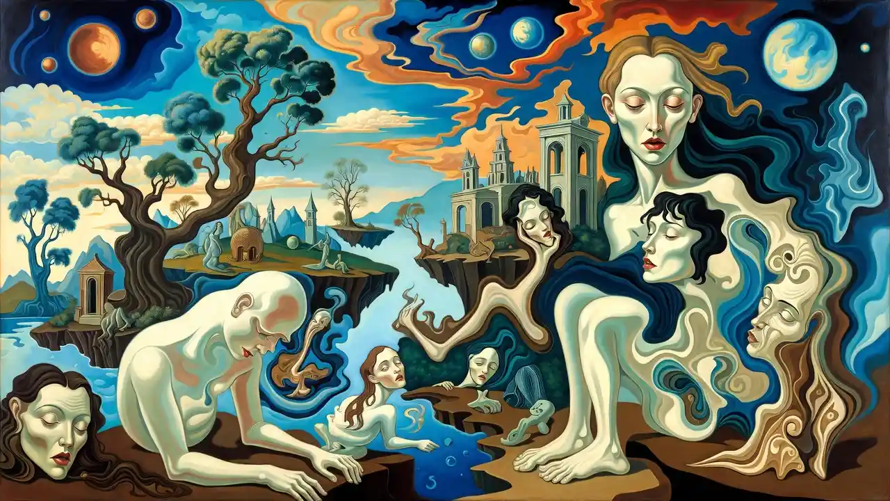 Surreal organic forms emerging in a dreamlike painted landscape