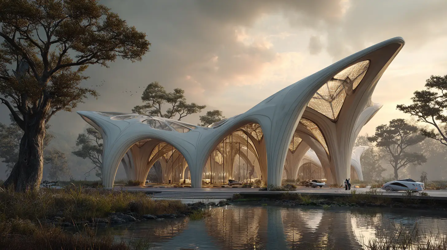 Futuristische organische Megastruktur in üppiger botanischer Landschaft