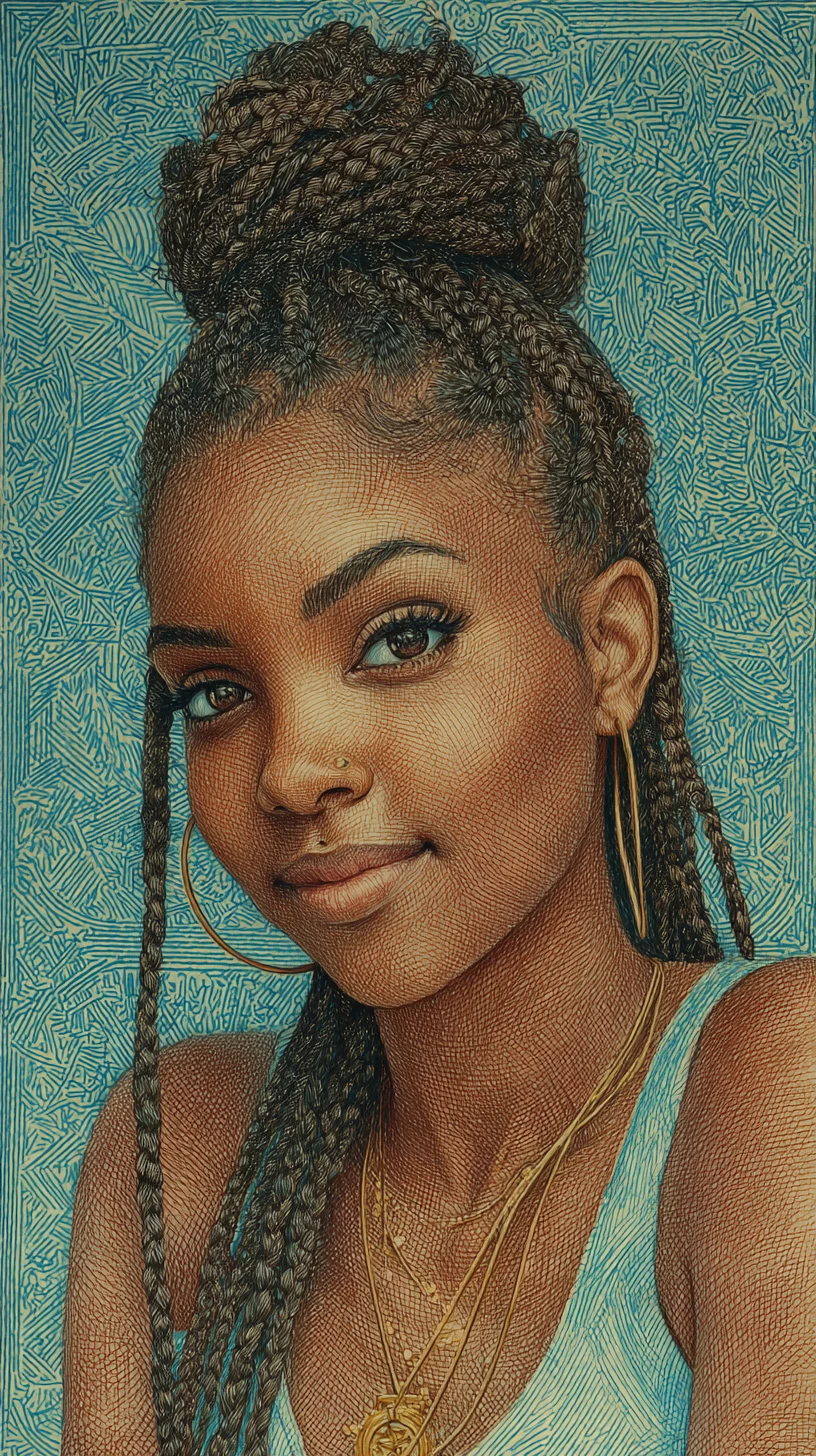 Braided black girl portrait in blue top on blue background