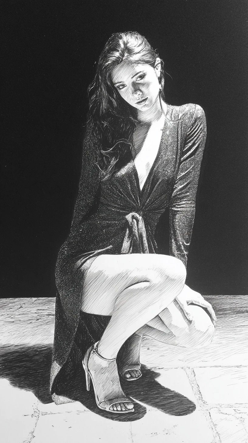 Elegant woman crouching at night in graphite illustration