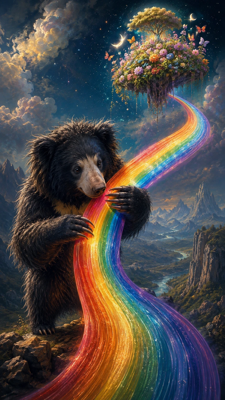 Orso labiato curioso che afferra un nastro arcobaleno luminoso