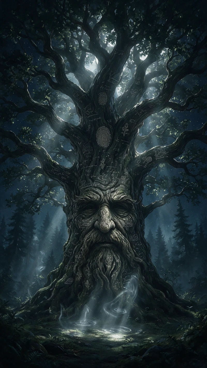 Ancient trees merging into a mysterious moonlit guardian