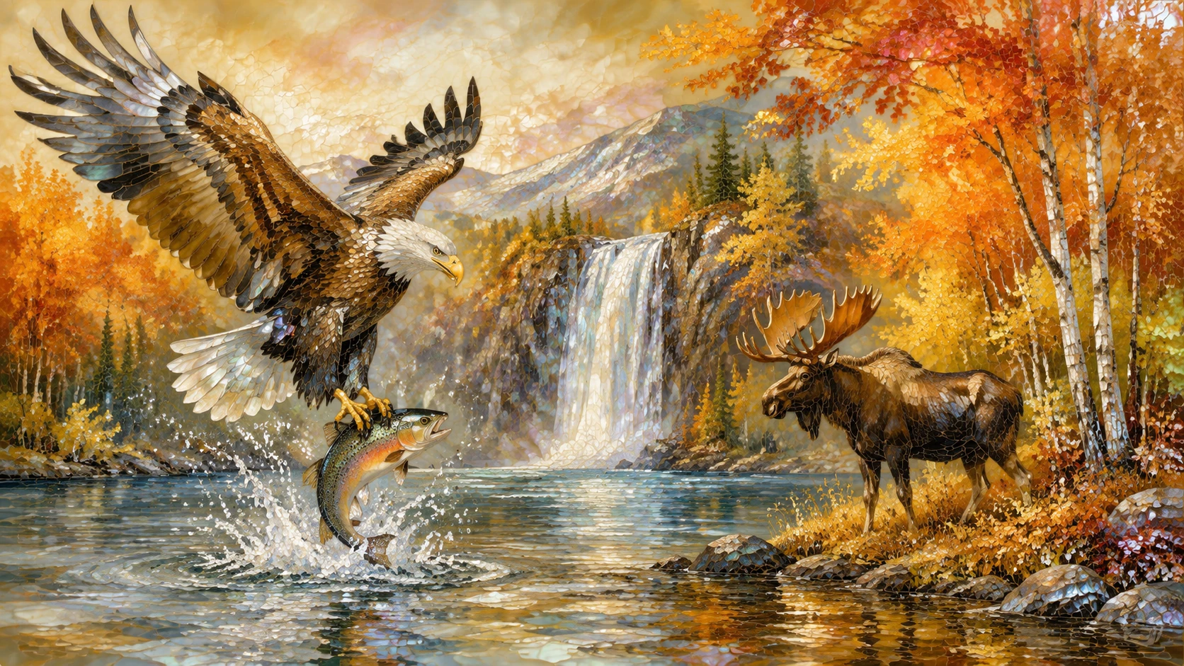 Weißkopfseeadler fängt Lachs über einem ruhigen Herbstsee
