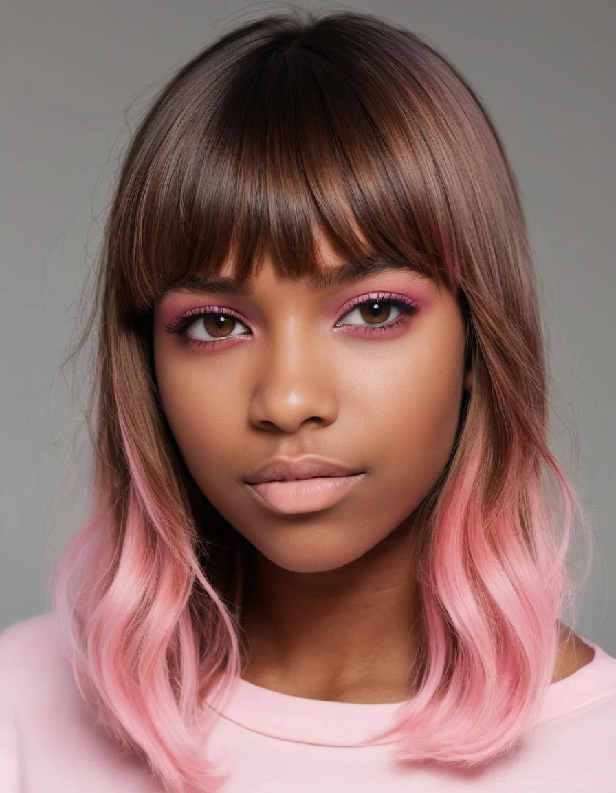 Young woman with pastel pink ombre bangs and brown eyes