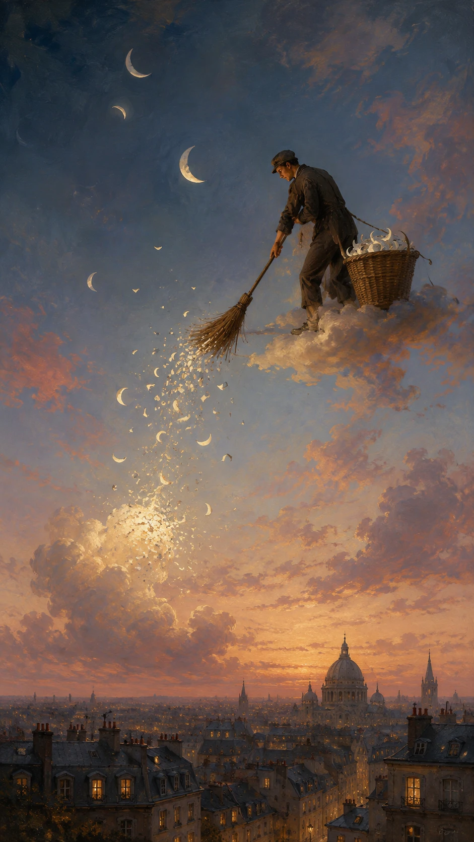 Street sweeper collecting crescent moons in a twilight sky