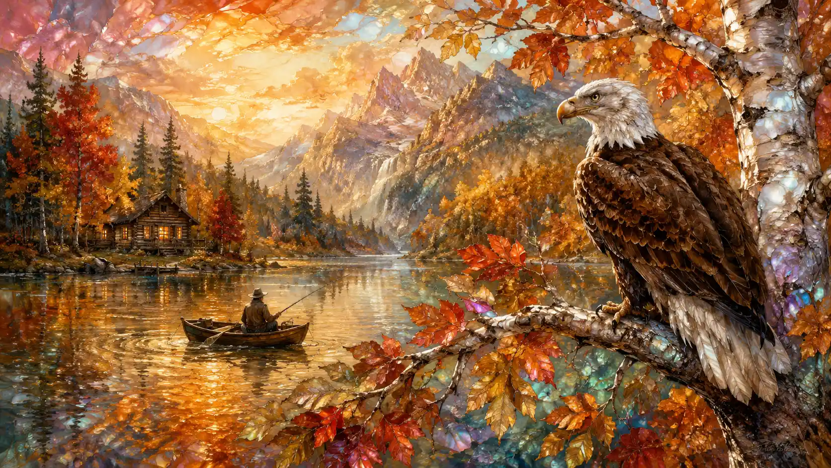 Bald eagle by a tranquil mountain lake in autumn