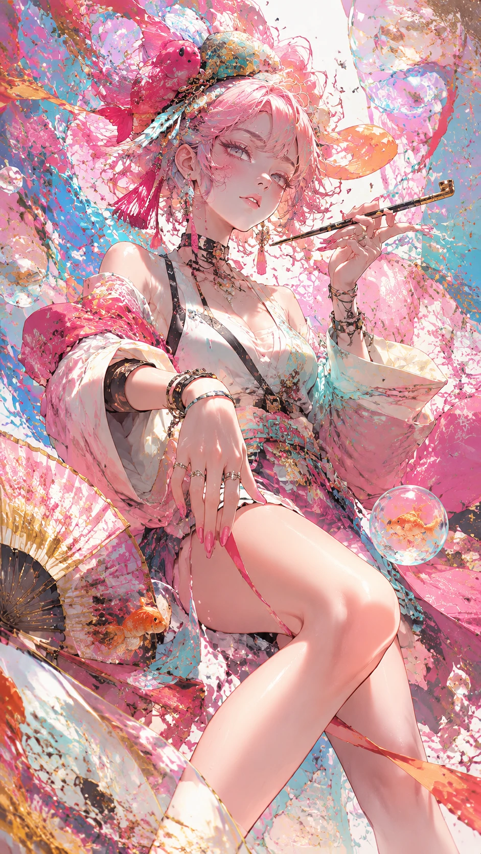 Colorful anime girl in a vibrant theatrical illustration
