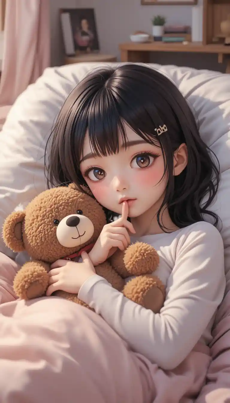 Cute anime girl sleeping in bed with teddy bear