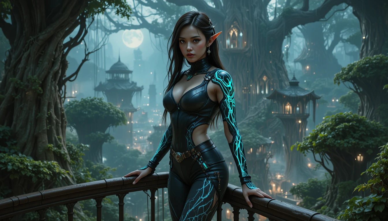 Futuristic elven ranger on a living tree city balcony