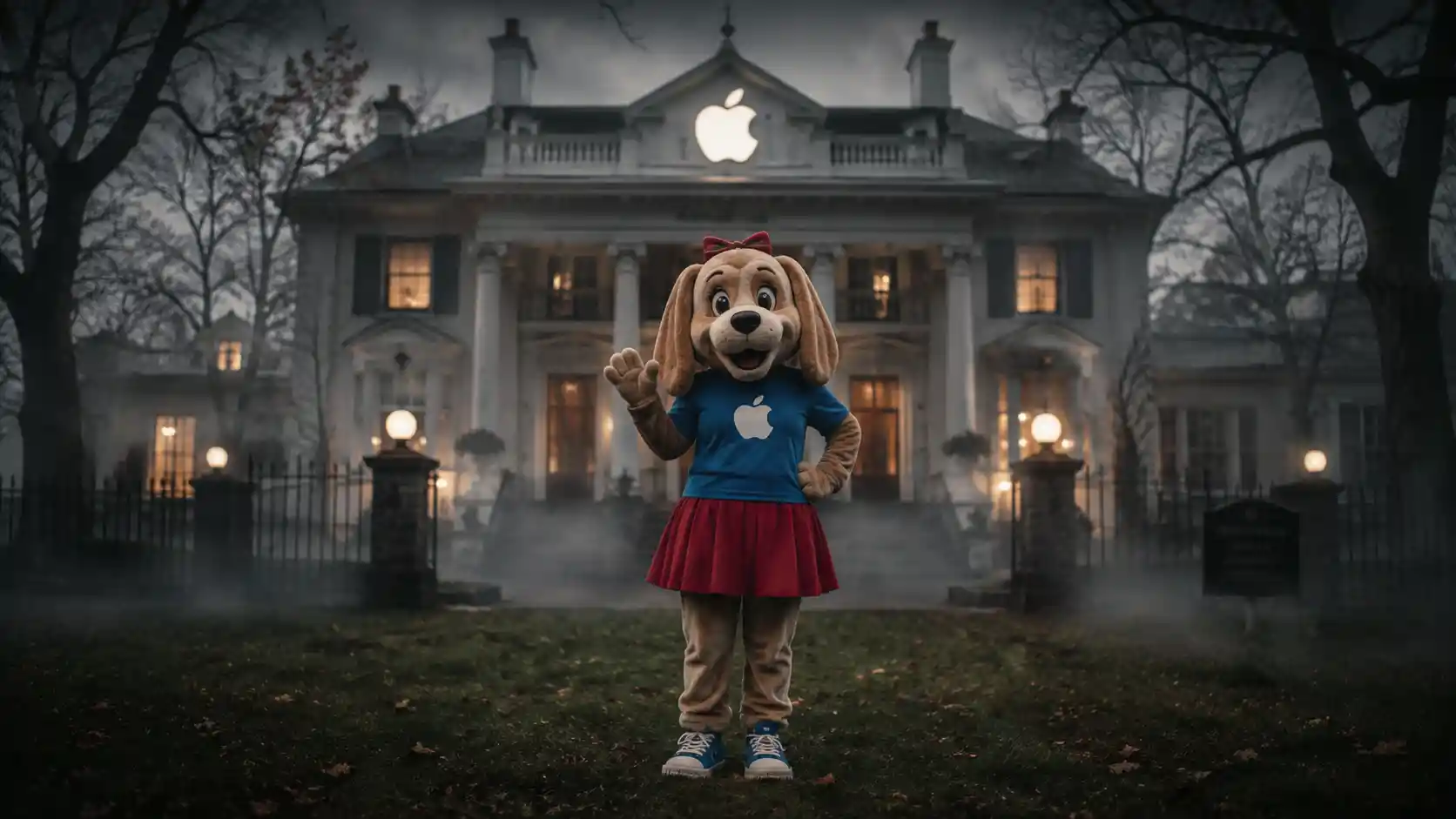 Girl mascot standing in a modern mansion interior