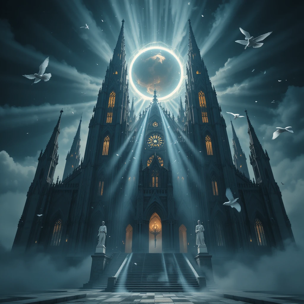Gothic cathedral beneath a total solar eclipse