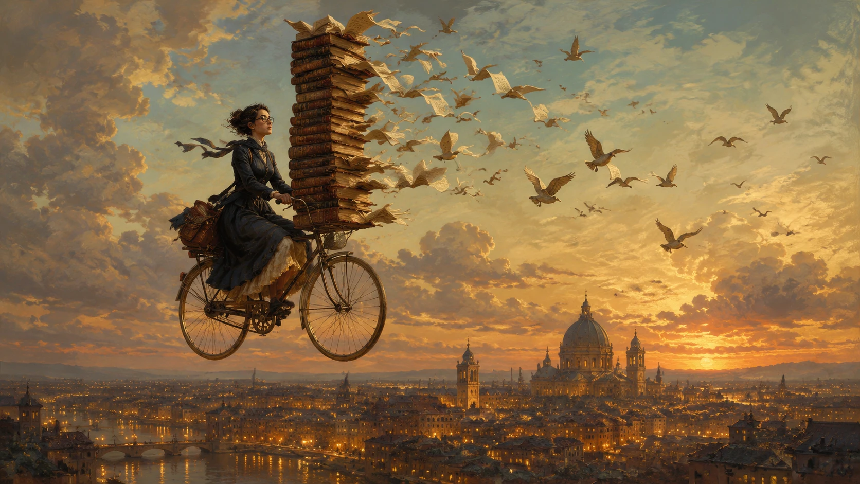 Librarian Cycling Through A Sunset Sky With Flying Books