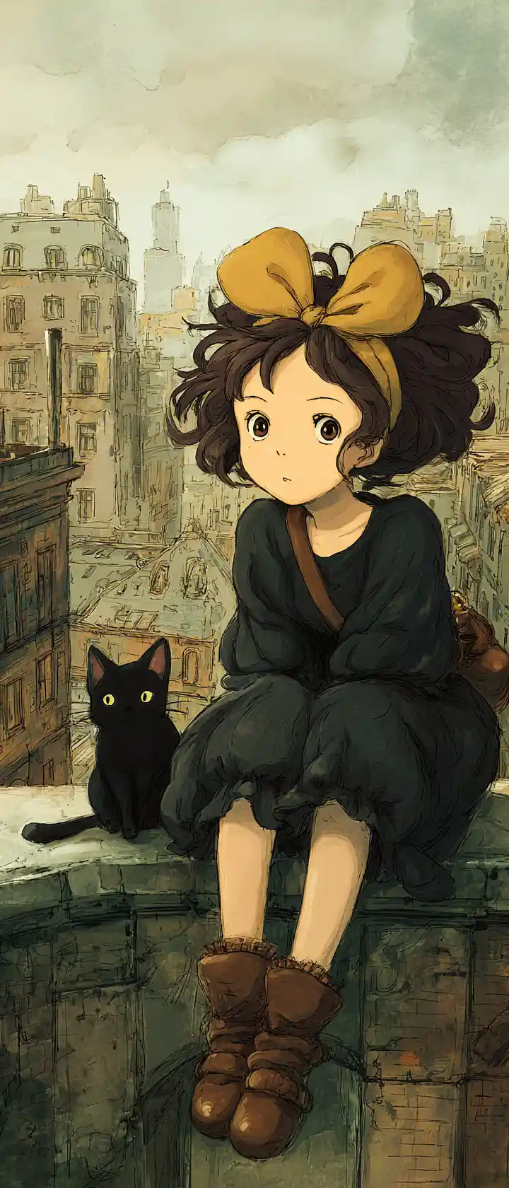Anime girl and black cat on a city rooftop edge