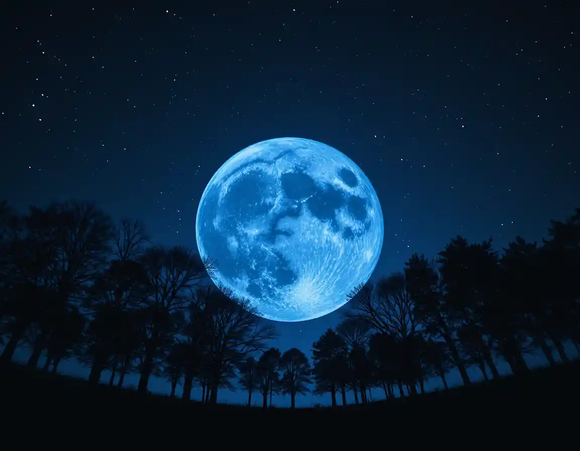 Dark blue moon above silhouetted trees and starry sky