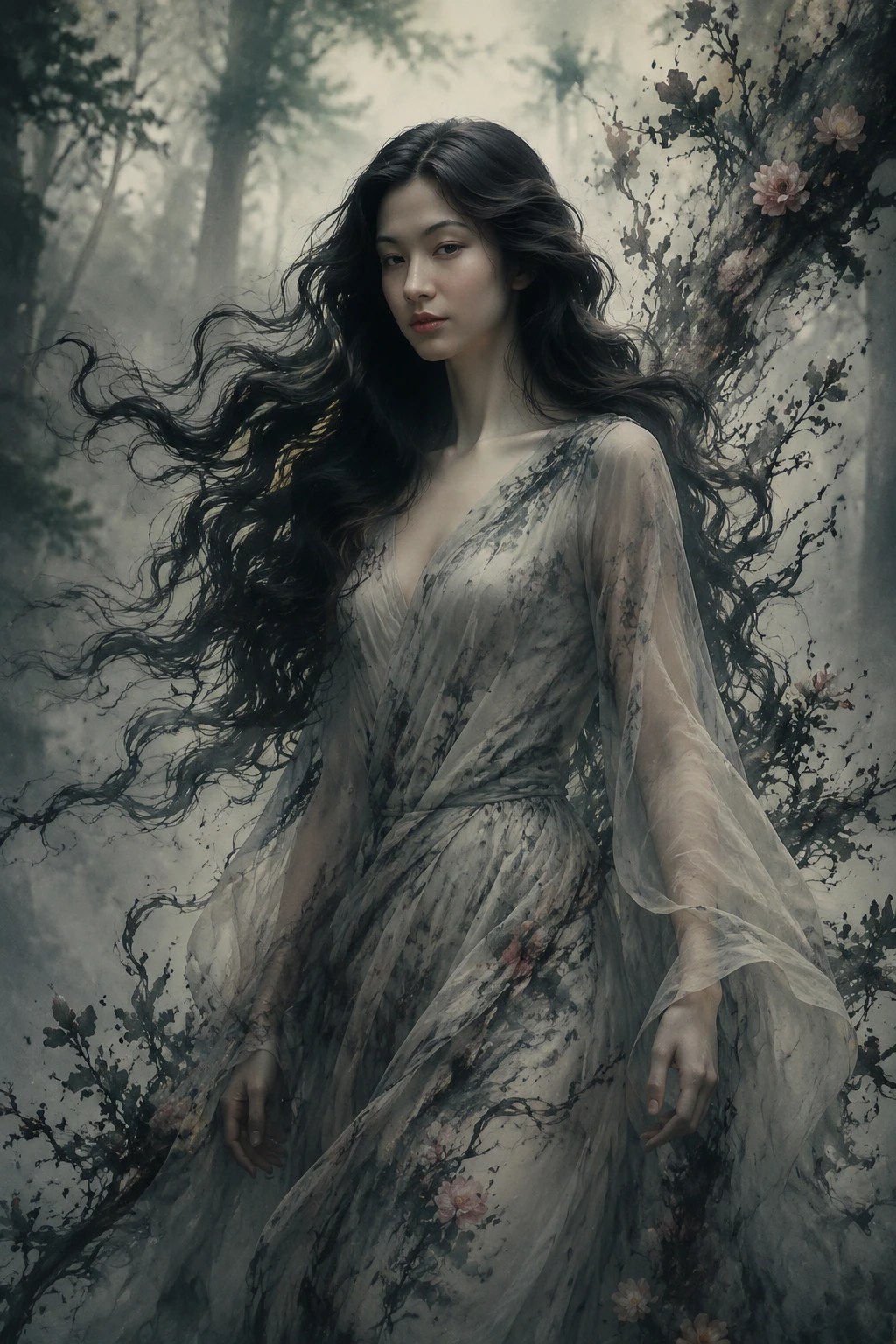 Ethereal woman in flowing garments within a mystical forest