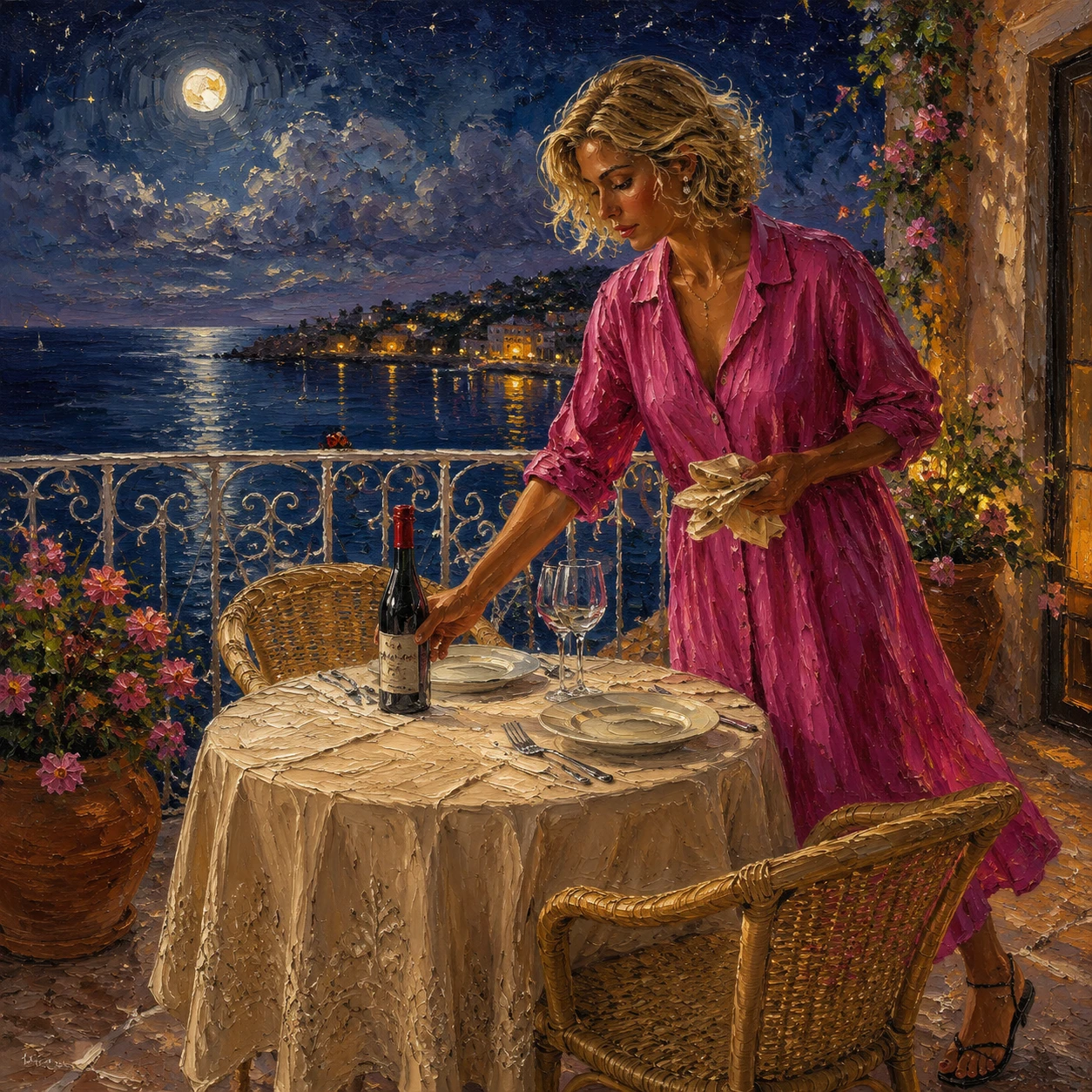 Woman setting a moonlit rooftop terrace dinner table
