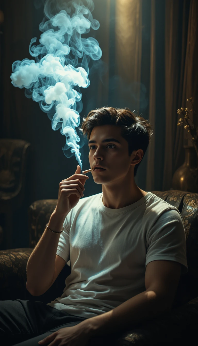 Moody portrait of a young man smoking on dark couch