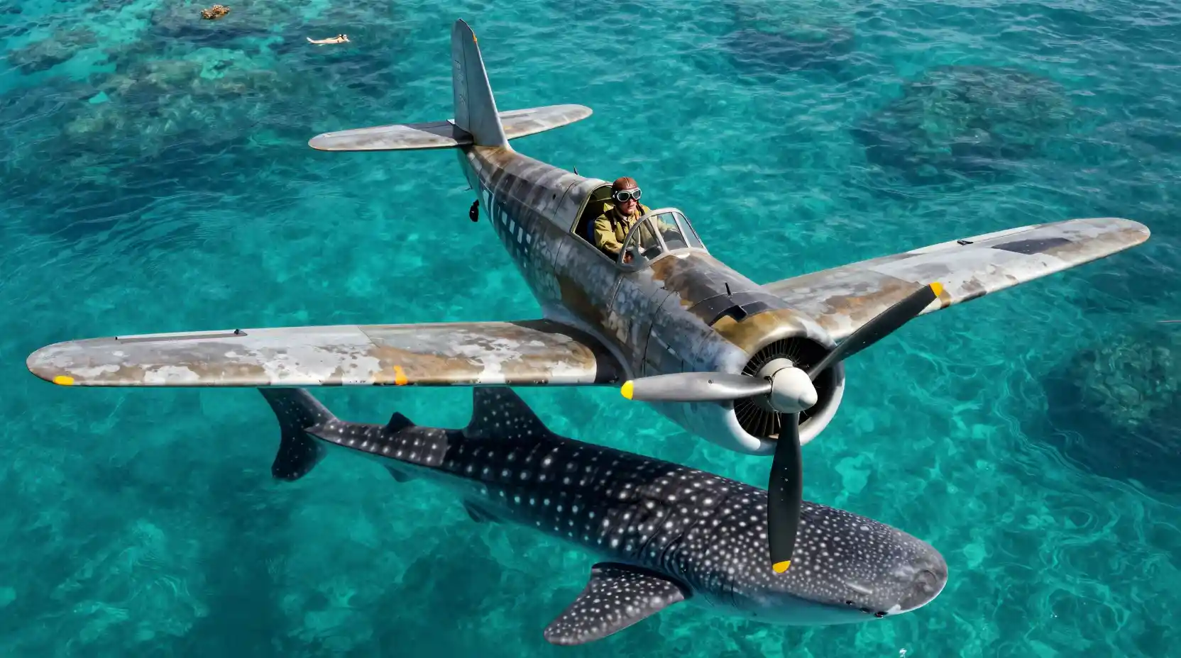 World War II fighter plane over clear turquoise ocean