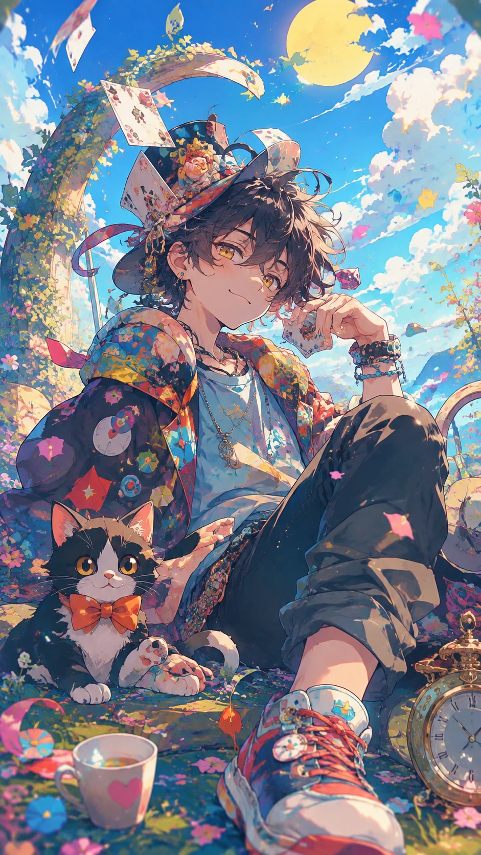 Playful anime girl in vibrant pastel theatrical illustration