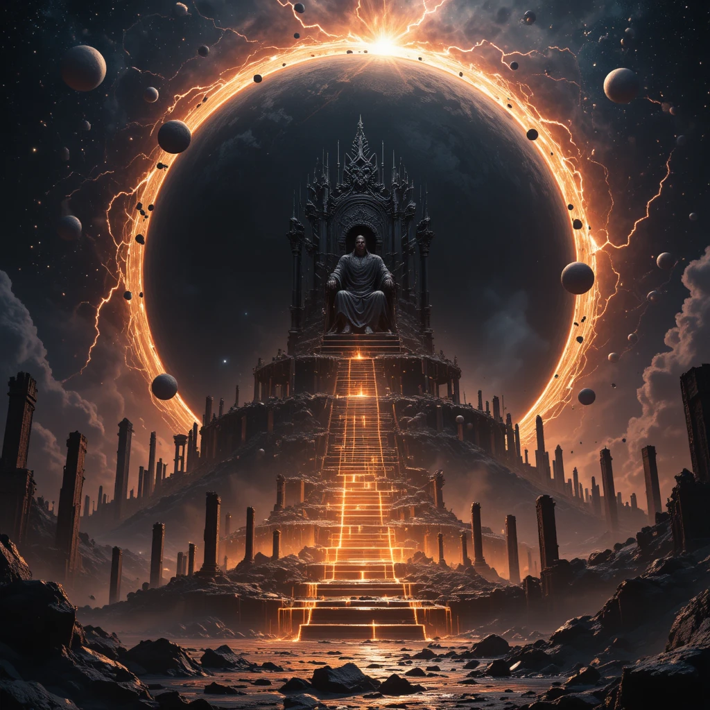 Obsidian throne hovering above a vast black sun