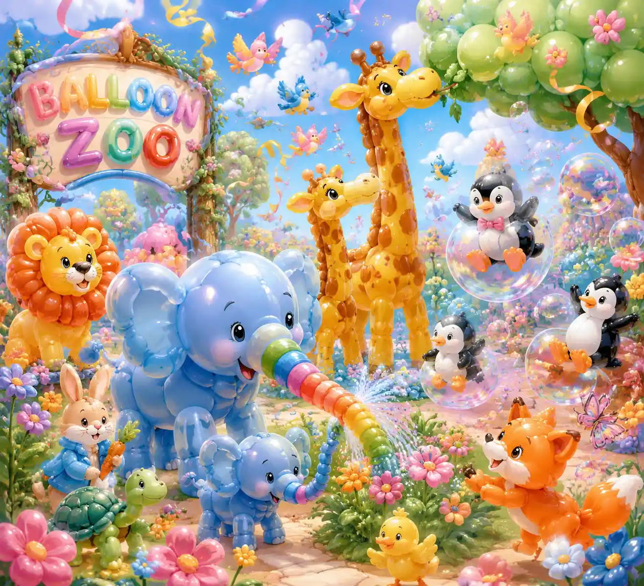 Magical balloon animals playing together in a fantasy zoo