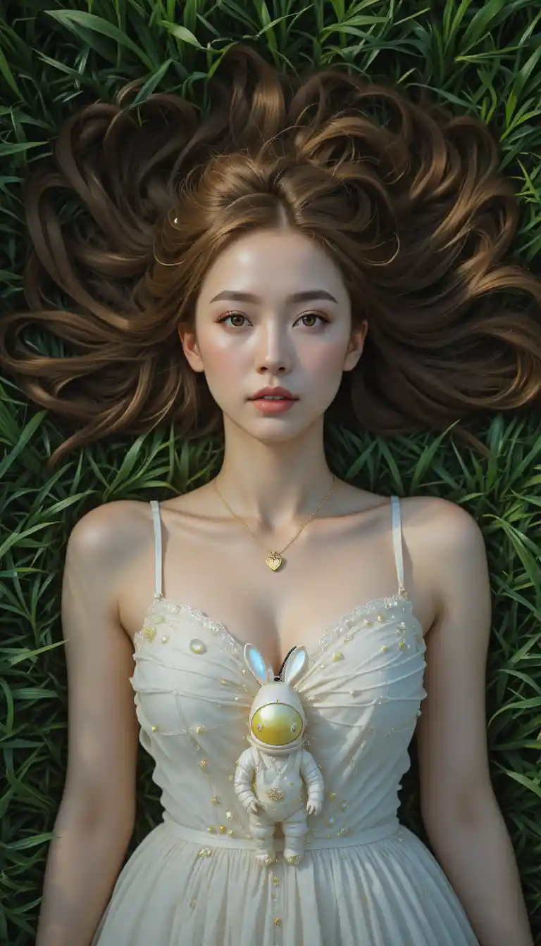Young woman lying on manicured grass in soft sunlight