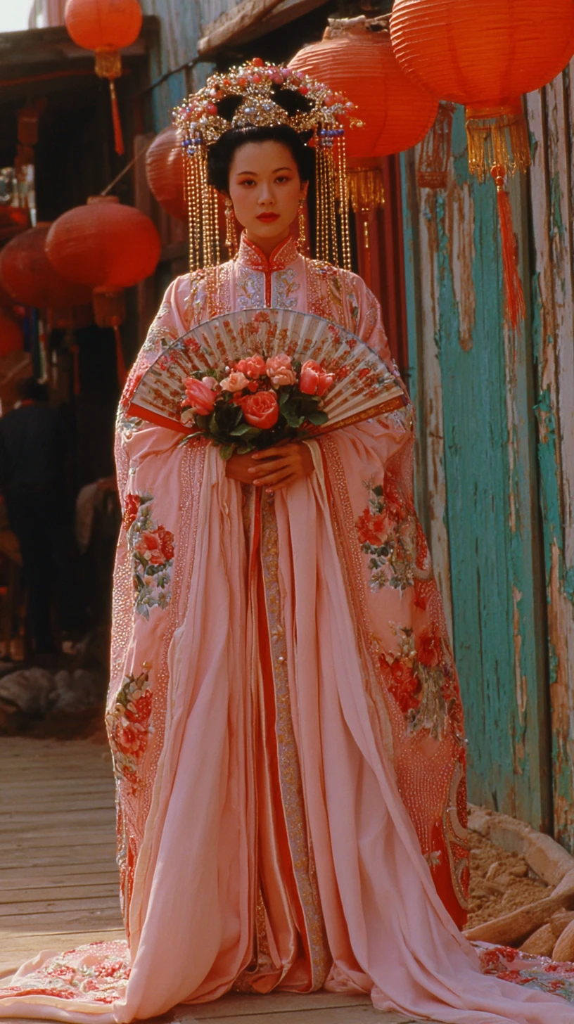 Woman in floral silk robes with bamboo fan portrait