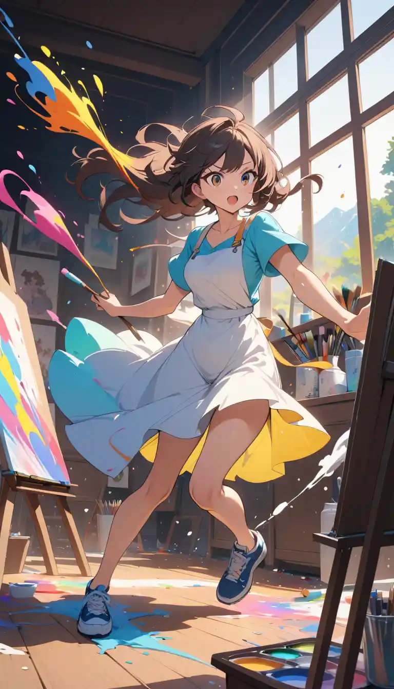 Anime painter throwing colorful paint across a large canvas
