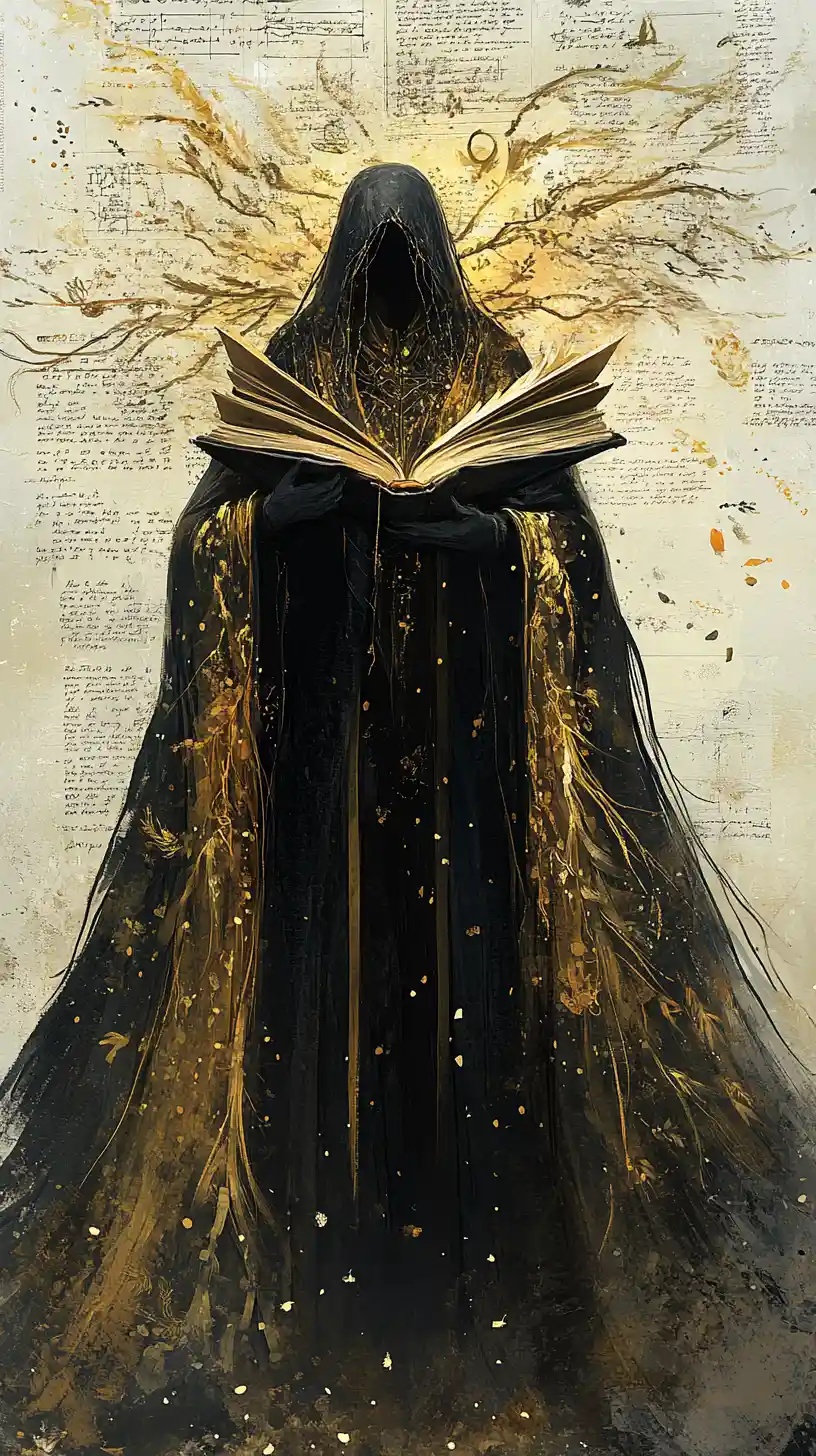Mystical librarian in a robe of flowing calligraphy
