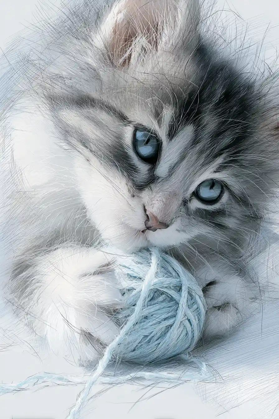 Fluffy kitten with blue eyes playing with yarn ball